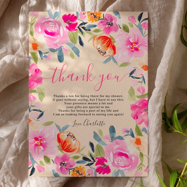 Cartão De Agradecimento Chá de noiva em aquarela floral ousada boêmia (Bohemian bold floral watercolor bridal shower thank you card on beige)