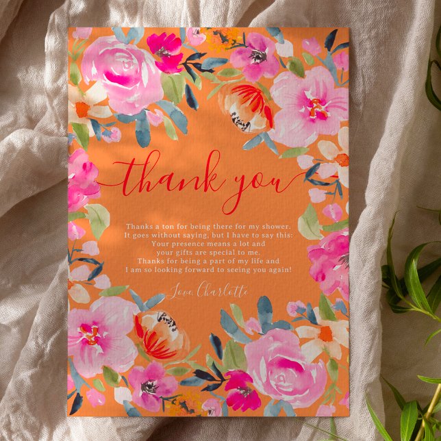 Cartão De Agradecimento Chá de noiva em aquarela floral ousada boêmia (Bohemian bold floral watercolor bridal shower thank you card on orange)