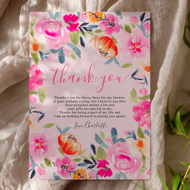 Cartão De Agradecimento Chá de noiva em aquarela floral ousada boêmia (Bohemian bold floral watercolor bridal shower thank you card on pink)
