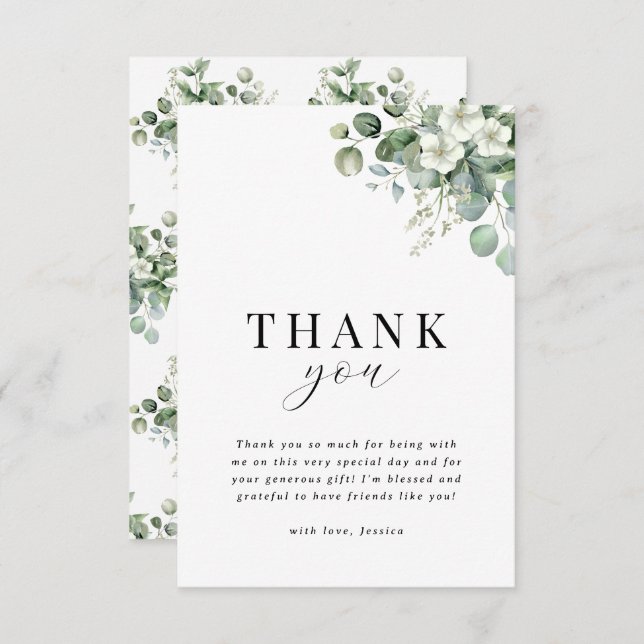 Cartão De Agradecimento Chá de Noiva Floral Aquarela Eucalipto Branco (Frente/Verso)