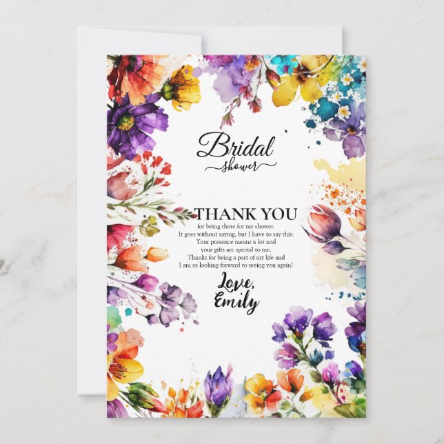 Cartão De Agradecimento Chá de noiva floral colorido (Frente)