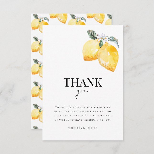 Cartão De Agradecimento Chá de Noiva Floral de Limão em Aquarela (Frente/Verso)