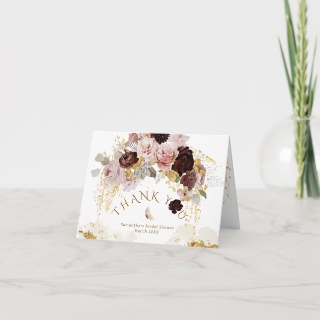 Cartão De Agradecimento Chá de Noiva Floral Dourado de Flor Silvestre de O (Frente)