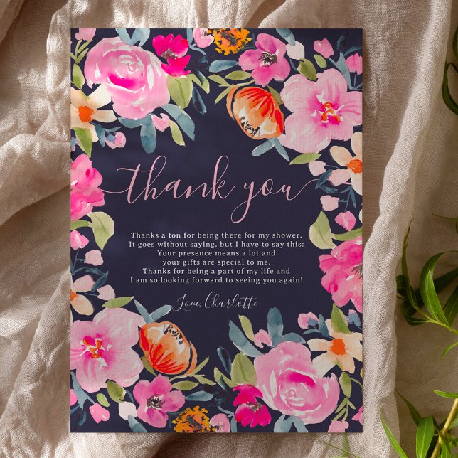 Cartão De Agradecimento Chá de noiva floral ousado boêmio em aquarela (Bohemian bold floral watercolor bridal shower thank you card on navy blue)