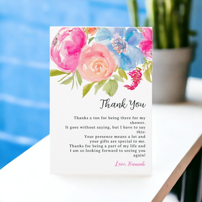 Cartão De Agradecimento Chá de noiva floral rosa boêmio água-marinha (Bohemian pink blue floral watercolor bridal shower thank you card)