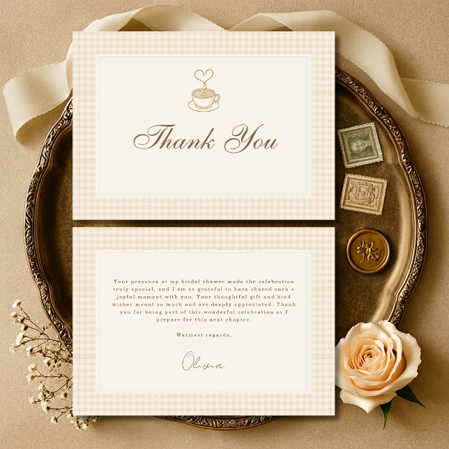 Cartão De Agradecimento Chá de Noiva Gingham Love is Brewing Café (Criador carregado)