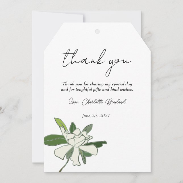 Cartão De Agradecimento Chá de Noiva Jardim Floral Branco Gardenia Simples (Frente)