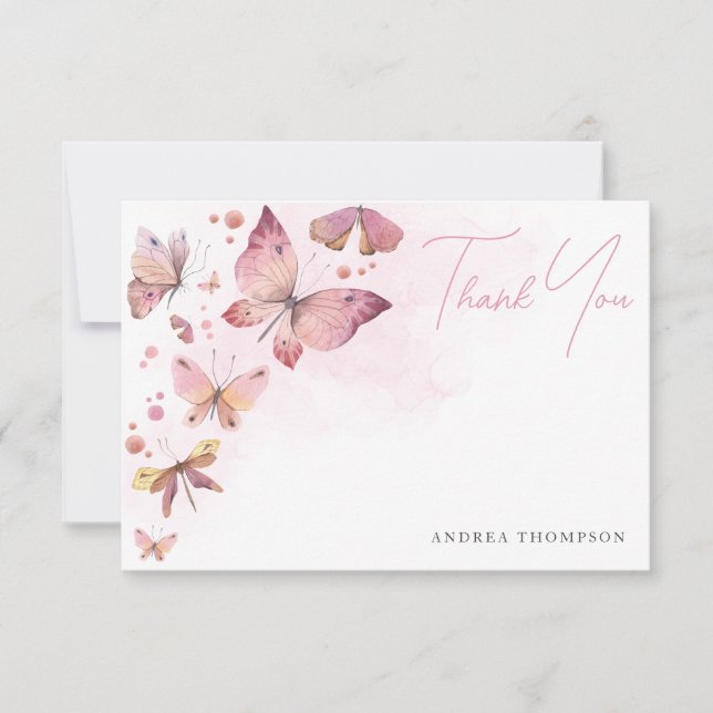 Cartão De Agradecimento Chá de Noiva Moderno com Borboletas Rosa Velho (Frente)