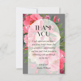 Cartão De Agradecimento Chá de Noiva Peônias Rosa Cinza