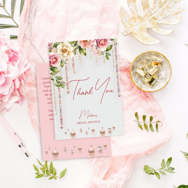 Cartão De Agradecimento Chá de noiva pérolas e prosecco elegante (Pearls and prosecco bridal shower elegant thank you card blush pink roses and pearls thank you card)