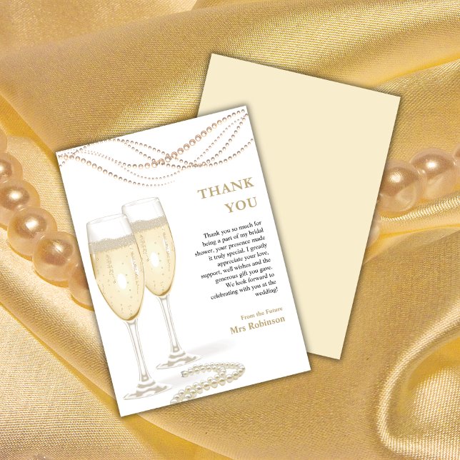 Cartão De Agradecimento Chá de Noiva Pérolas Elegantes e Prosecco Dourado (Gold Elegant Pearls & Prosecco Bridal Shower Thank You Card )