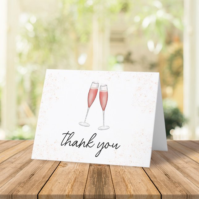 Cartão De Agradecimento Chá de Noiva Rosa Escrita em Caligrafia Champanhe (Simple pink champagne toasting flutes thank you card)