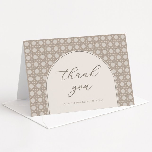 Cartão De Agradecimento Chá de Noiva Rústico Moderno em Bege (Neutral tones cane weave rattan thank you card with modern arch)