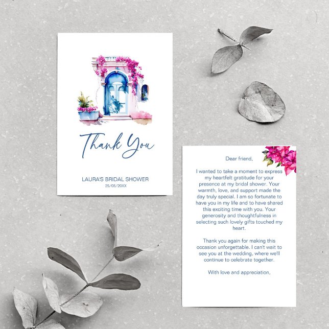 Cartão De Agradecimento Chá de noiva temático Mediterrâneo de buganvília (Bougainvillea Mediterranean themed bridal shower Thank You Card bridal shower thank you)