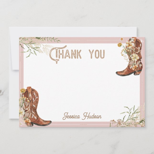 Cartão De Agradecimento Chá de Noiva Watercolor Floral Boots & Bubbly (Frente)