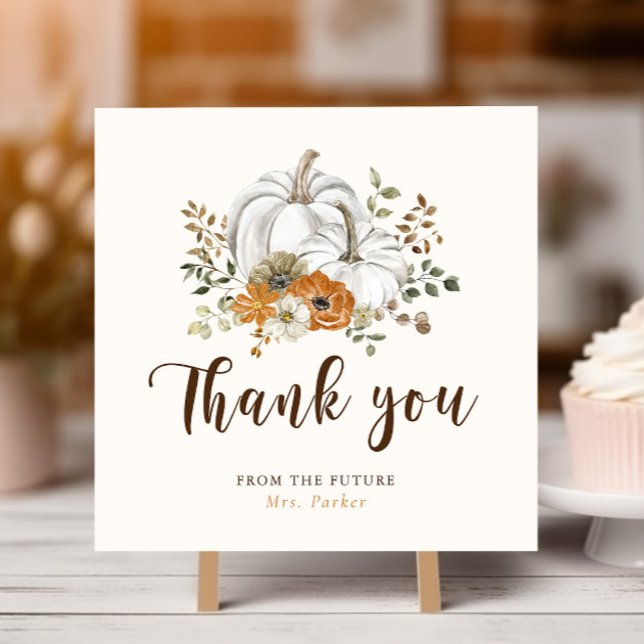 Cartão De Agradecimento Chá de panela branco de abóbora (Rustic Fall White Pumpkin Bridal Shower Thank You Card Square)