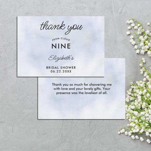 Cartão De Agradecimento Chá de panela Clássico Azul Elegante Azul Cloud 9 (cloud 9 bridal shower thank you card elegant modern pastel blue simple minimalist calligraphy clouds)