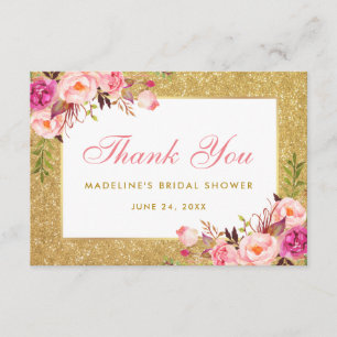 Cartão De Agradecimento Chá de panela Cor-De-Rosa Dourado Brilho Obrigado