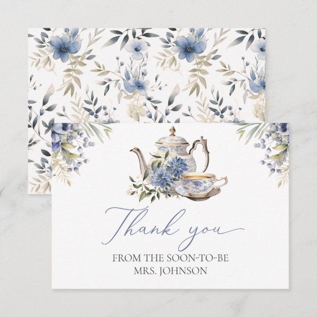 Cartão De Agradecimento Chá de panela de Aquarela Azul Floral do Tea Party (Frente/Verso)