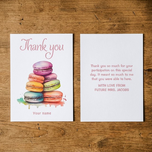 Cartão De Agradecimento Chá de panela de aquarela de macarrão brilhante co (Colorful bright macaroon watercolor bridal shower thank you card.)