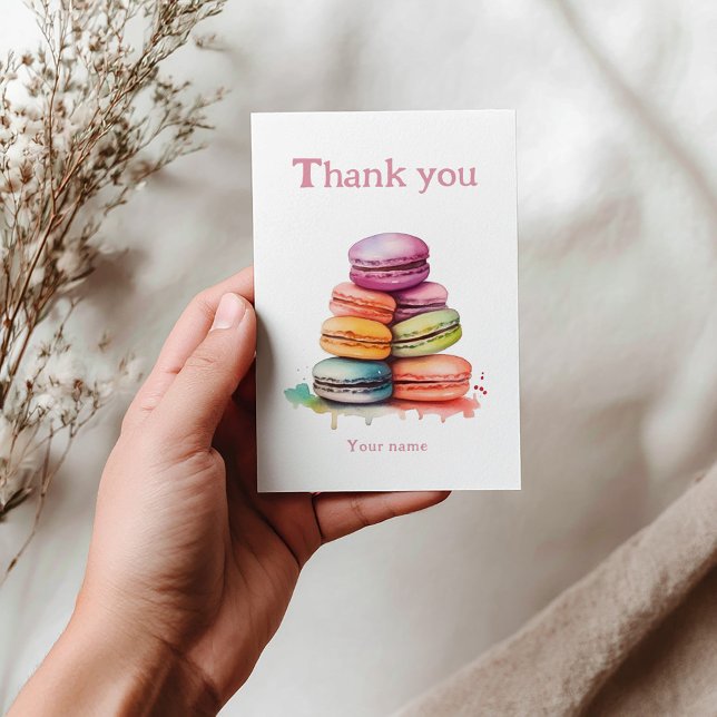 Cartão De Agradecimento Chá de panela de aquarela de macarrão divertido co (Colourful bright macarons wedding thank you card.)