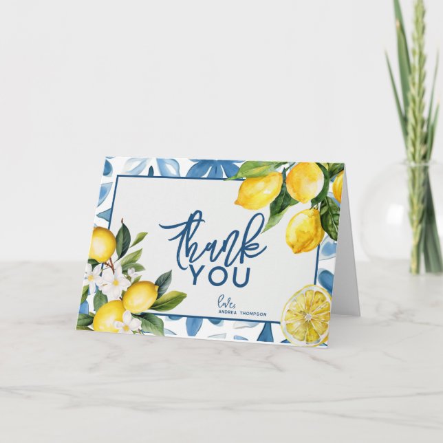 Cartão De Agradecimento Chá de panela de Azulejo do Mediterrâneo limão (Frente)