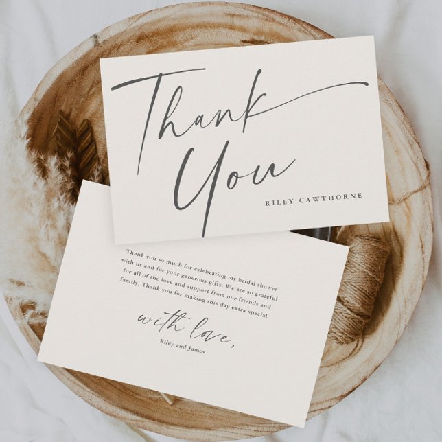 Cartão De Agradecimento Chá de panela de Boho de Script Moderno (Elegant neutral boho bridal shower thank you cards.)