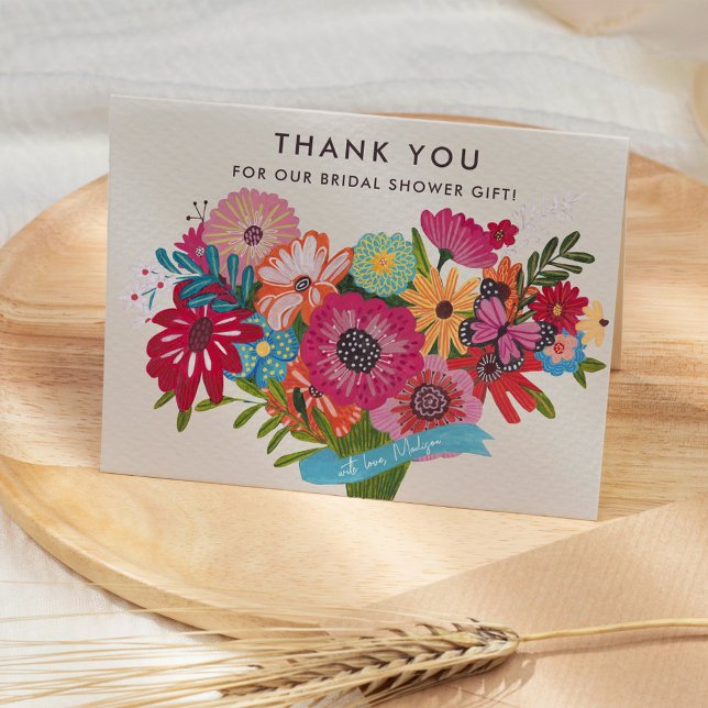Cartão De Agradecimento Chá de panela de Buquê de flor selvagem (Bright Wildflower Bouquet Bridal Shower Thank You Card)