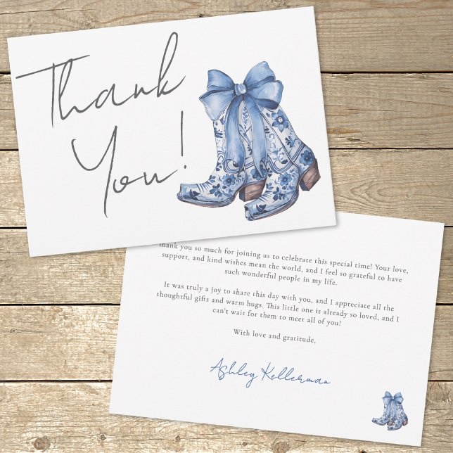 Cartão De Agradecimento Chá de panela de cowboy Arco Azul (Country Blue Bow Cowboy Bridal Shower Thank You Card)