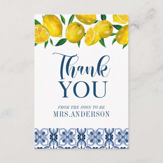 Cartão De Agradecimento Chá de panela De Limão Azulejo Italiano Azul Obrig (Frente)