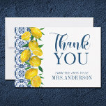 Cartão De Agradecimento Chá de panela De Limão Azulejo Italiano Azul Obrig<br><div class="desc">Um belo cartões de agradecimentos de limão com limões e azulejo mediterrânico italiano azul e branco. Personalize-o para obrigado de seus convidados chás de panela. Projetado para você pelo Blackberry Boulevard.</div>