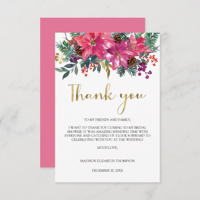 Cartão De Agradecimento Chá de panela de Natal de Poinsettia Rosa Magenta (Frente/Verso)