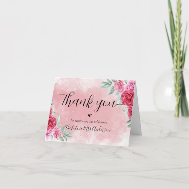 Cartão De Agradecimento Chá de panela de Script Mínimo Rosy Pink Blush (Frente)
