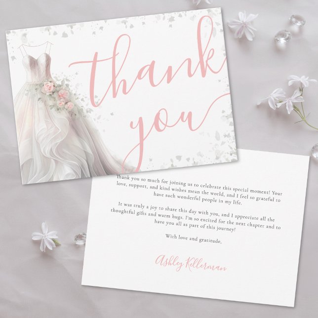Cartão De Agradecimento Chá de panela De Vestido De Casamento Rosa Elegant (Elegant Pink Wedding Dress Bridal Shower Thank You Card)