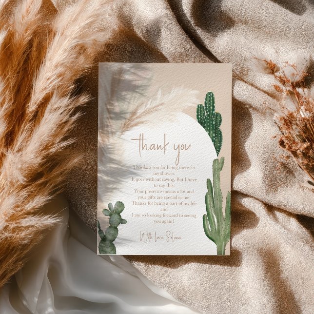 Cartão De Agradecimento Chá de panela do deserto do boho cactus pampas (Boho cactus pampas arch desert bridal shower thank you card)