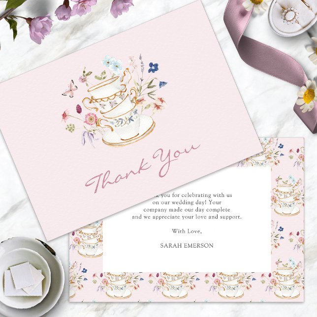 Cartão De Agradecimento Chá de panela do Tea Party Rosa (Pink Tea Party Bridal Shower Thank You Card with Butterfly by Painted Paperie
)