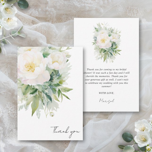 Cartão De Agradecimento Chá de panela espanhol Despedida de Soltera (This elegant bridal shower thank you card features a neutral white floral color palette)
