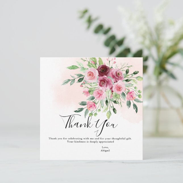 Cartão De Agradecimento Chá de panela Floral Burgundy (Em pé/Frente)