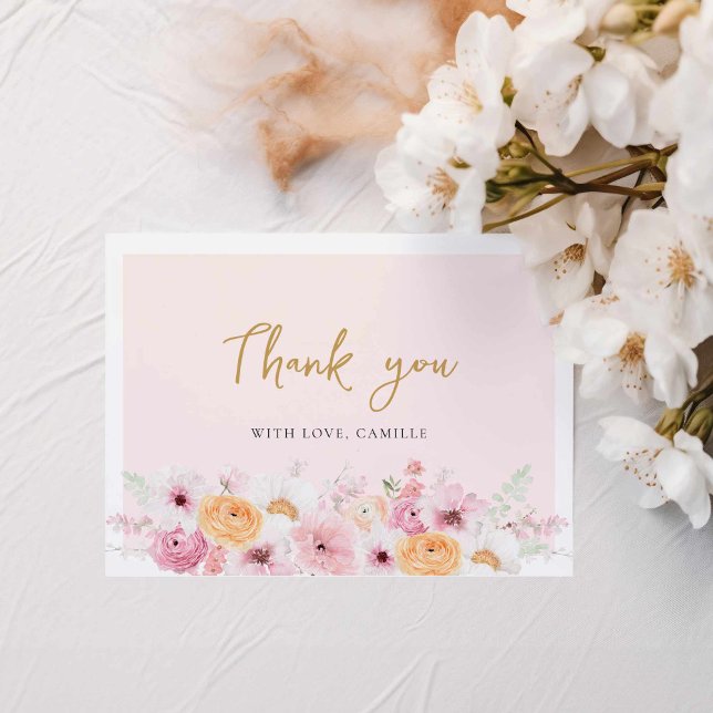 Cartão De Agradecimento Chá de panela Floral Elegante (Pink floral Bridal Shower Thank you card with message)