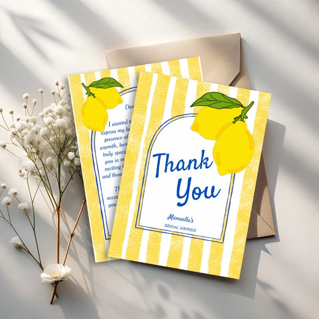 Cartão De Agradecimento Chá de panela italiano Dolce vita yellow Lemons (Dolce vita handrawn yellow stripes Lemons Italian bridal shower Thank You Cards)