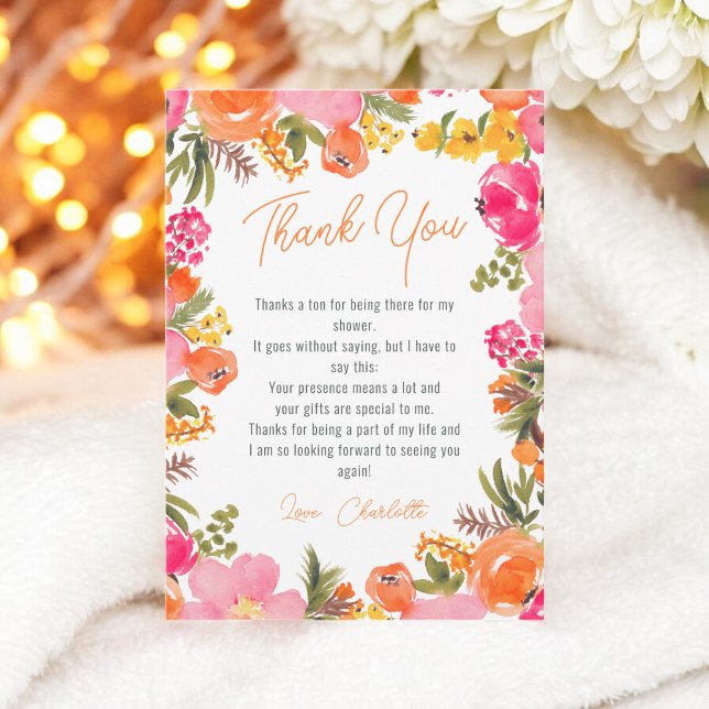 Cartão De Agradecimento Chá de panela moderno com flores laranja em negrit (Modern bold orange flowers script bridal shower thank you card)
