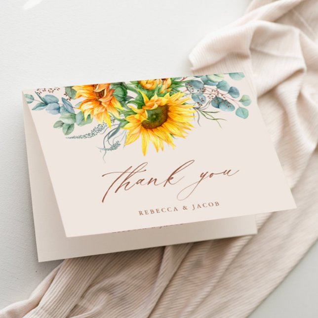 Cartão De Agradecimento Chá de panela Russo de Girassol Elegante (Elegant rustic sunflower eucalyptus wedding bridal shower thank you card.)