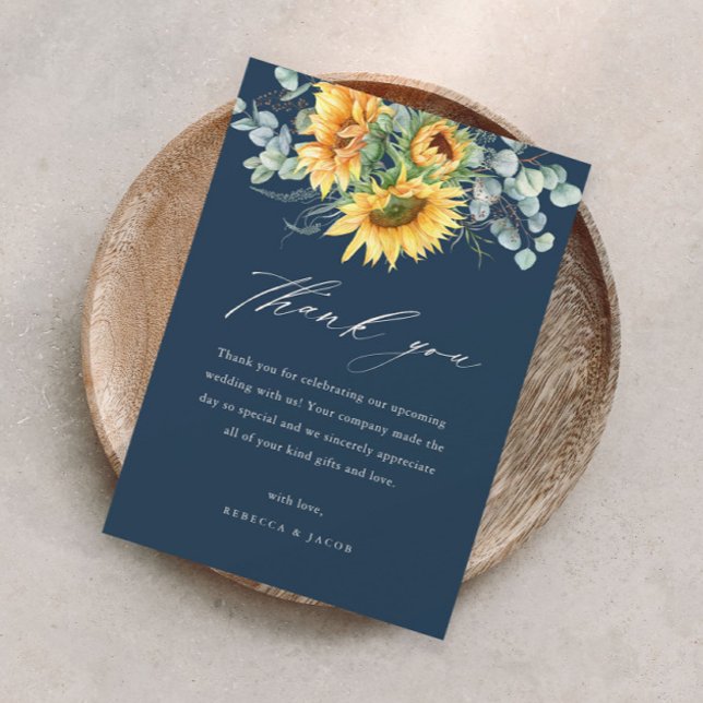 Cartão De Agradecimento Chá de panela Russo de Girassol Elegante (Elegant sunflower eucalyptus bridal shower thank you card with modern handwritten script.)