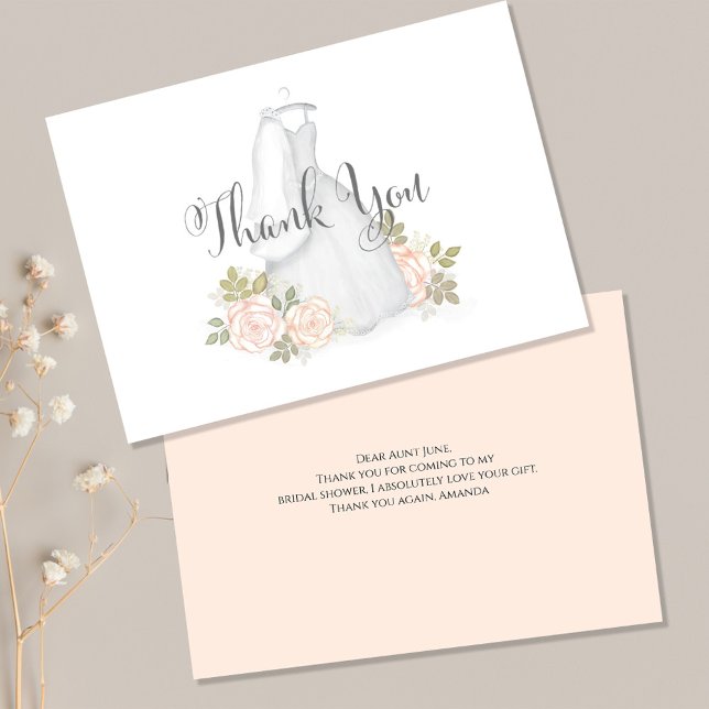 Cartão De Agradecimento Chá de panela Weding Gown Obrigado (Stylish Thank you postcard with blush pink roses. )