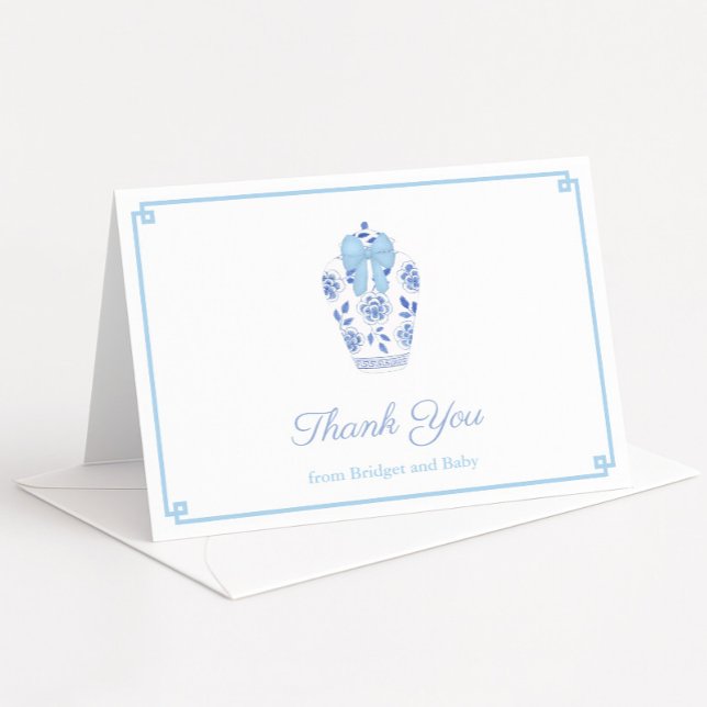 Cartão De Agradecimento Chá Elegante Blue Ribbon Ginger Jar Baby Boy (Ginger jar with pale blue bow baby boy shower or wedding shower thank you cards)