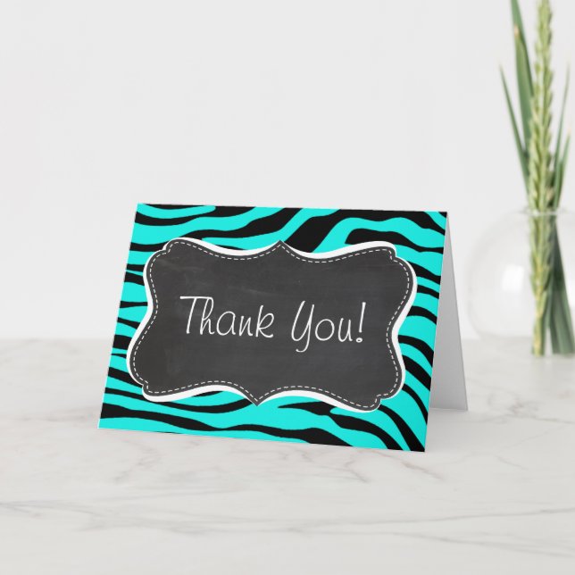 Cartão De Agradecimento Chalkboard; Bright Turquoise Zebra Animal Print (Frente)