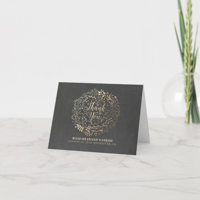 Cartão De Agradecimento Chalkboard e Dourado casamento Floral Obrigado (Frente)