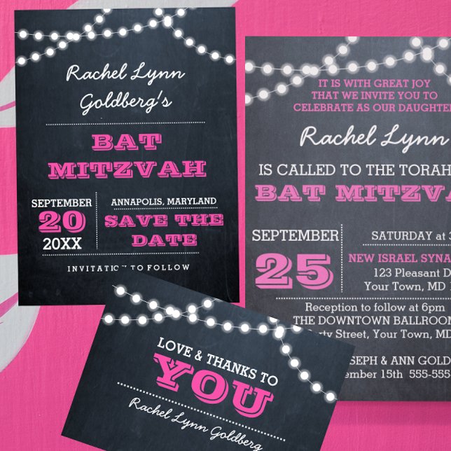 Cartão De Agradecimento Chalkboard Lights Dark Pink Bat Mitzvah Obrigado (Criador carregado)