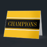 Cartão De Agradecimento CHAMPIONS Bright Yellow Orange Black White Stripes<br><div class="desc">This sporty design features golden brown and white racing stripes highlighting a wide horizontal black center stripe.  Bright golden yellow orange outer stripes complete the composition.  The CHAMPIONS text is optional and can be personalized.</div>