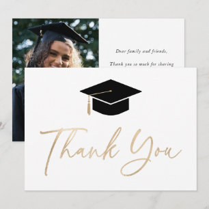 Cartão De Agradecimento Chapéu de Graduação Preto Ouro Elegante Foto Scrip
